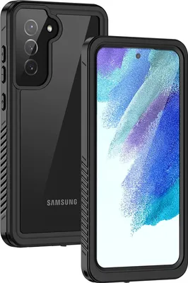 A black protective case for a Samsung Galaxy S21 FE 5G phone is shown, with the phone inside the case displaying a colorful wallpaper.