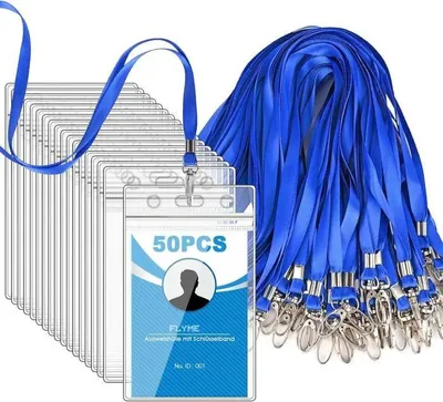 Produktbild von Ausweishalter, 50 Stück, Kunststoff - mit Lanyard, wasserdicht, transparent, Nackenband (blau, vertikal)