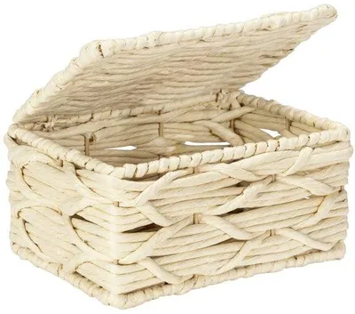Produktbild von Unyqoos® Aufbewahrungskorb aus Papiergeflecht mit Deckel, Beige, 19 x 10 x 14 cm – Boho-Korb mit Metallrahmen für Bad & Büro