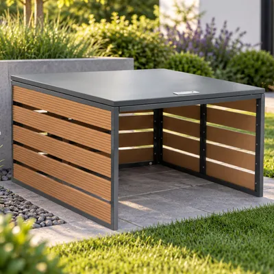 Produktbild von XL Mähroboter-Garage mit Deckel MCW-L45, Dach Unterstand für Rasenmäher, WPC Metall 46x70x90cm  Eiche-Optik