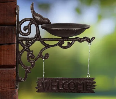 Produktbild von Vogeltränke Welcome-Schild Wandvogeltränke Futterschale Vogelbad Gusseisen Braun