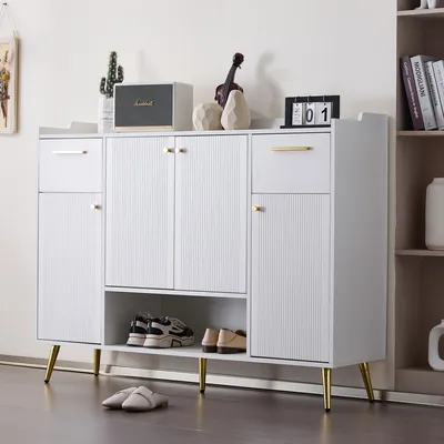 Image de OKWISH Meuble à Chaussures - 2 Tiroirs 4 Portes avec Pieds Dorés, Rangement Optimisé pour Entrée ou Salon, 130x37x100 cm, Blanc