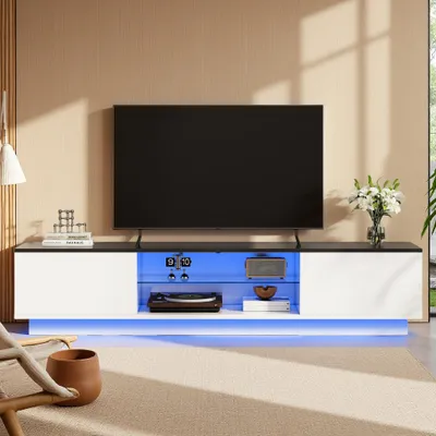 Image de Meuble TV UnboxG blanc 160 cm avec éclairage LED – Meuble TV avec compartiment en verre, espace ouvert et espace de rangement, meuble TV moderne 160×22×35 cm