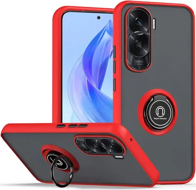 A phone case with a ring holder is displayed from multiple angles against a white background.