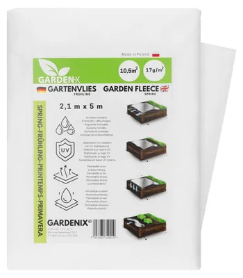 Obrázok produktu pre GARDENIX – Ochranná textília proti mrazu pre rastliny – záhradnícka textília, vhodná na ochranu rastlín, mulčovanie, krycie fólie, krycie textílie, ochranná textília na zimu, ochrana proti vetru, sieťovina. Rozmery: 2,1 m x 5 m. Gramáž: 17 g/m²