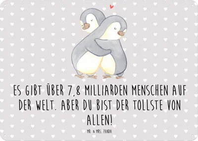 Produktbild von Mr. & Mrs. Panda tafel Pinguine Kuscheln DIN A5 - Grau Pastell - Geschenk, für Frauen, Schild, Freundin, Valentinstag, Blechschild, Jahrestag, Metallbild, Wandbild