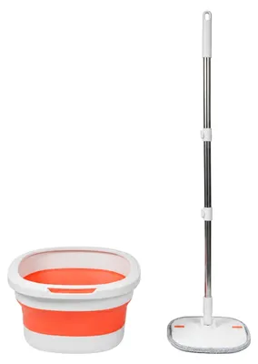 Productafbeelding van Relaxdays Wischmopp-set, 3,8 liter emmer met uitknijpfunctie, ruimtebesparend, afmetingen: 18x34,5x34,5 cm, 2 mopkoppen, wit/oranje