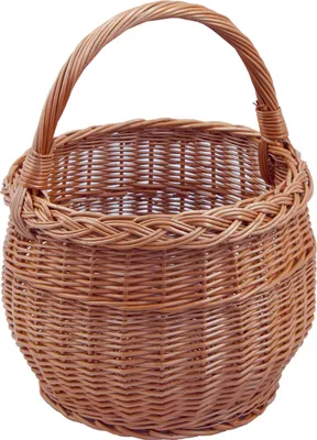 A brown wicker basket with a handle, shown from the front.