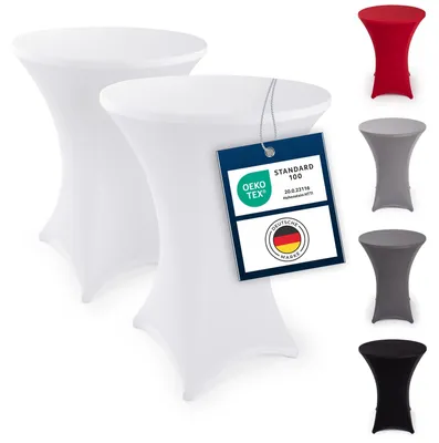 Produktbild von Set mit 2 elastischen Tischhussen für Stehtische, knitterfrei – -e Tischhussen für Stehtische Ø 80–85 cm – Verstärkter Fußbereich – Maschinenwaschbar – Weiß