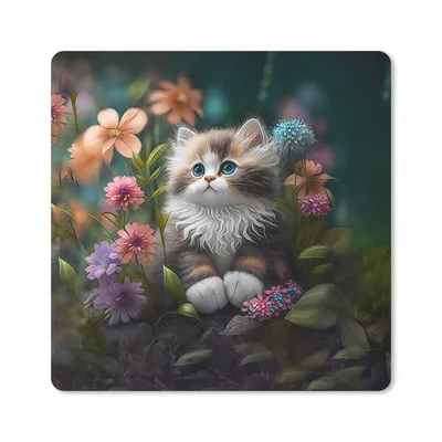 Produktbild von MuchoWow® Mauspad Mousepad Kätzchen - Illustration - Blumen - Natur - Katze 20x20 cm - Mousepads - Maus Mat - Pad - Mausunterlage - Desk Mat - Bureauartikeln
