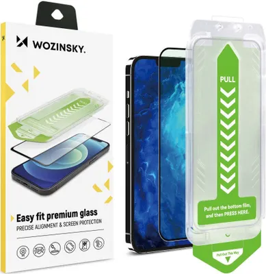 A product box for a Wozinsky screen protector is shown next to a display of iPhones and the screen protector itself in its packaging.