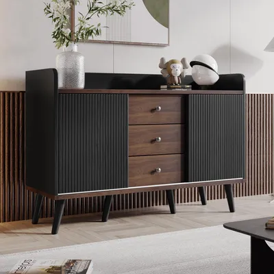 Immagine prodotto di okwish 117,5 cm Mobile da cucina in legno nero con ripiani portaoggetti, armadio a muro con tre cassetti e ante scorrevoli a righe, credenza per soggiorno