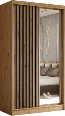 Produktbild von BEAUTYSOFA Schrank mit Lamellen HELIX 120cm - Kleiderschrank im modernes Stil Garderobe mit Schwebetüren & Spiegel (Artisan + Schwarz)