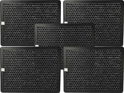 A collage of five black air purifier filters with a honeycomb pattern against a white background.