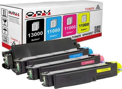 A box of OBV toner cartridges for a printer, with the cartridges themselves displayed in front of the box.