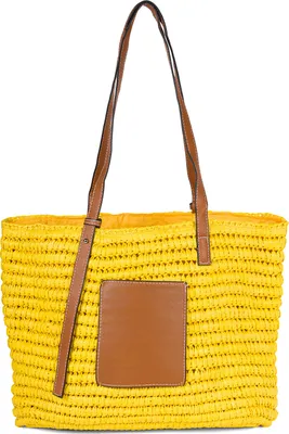 Produktbild von styleBREAKER Korbflecht Schultertasche aus Papierstroh mit Kunstleder Details | Damen Shopper Basttasche geflochten mit Reißverschluss | Strandtasche 43 x 34 x 4 cm