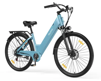 Zdjęcie produktu dla Miejski rower elektryczny VELOPRO C1, 250 W, akumulator 36 V 13 Ah, 7 biegów Shimano, tylny bagażnik, Błękitny