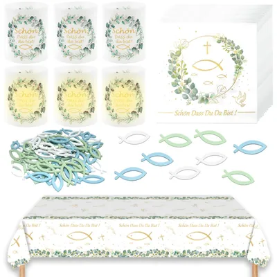Kommunion-Deko-Set, 87-teilig, Tischdecke, Servietten, Holzfische, Windlichter