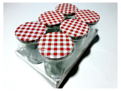 Produktbild von Set mit 6 Marmeladengläsern 355 ml | Deckel in Rotkariert | Einmachgläser mit Schraubverschluss | Sturzgläser für Marmelade | Leere Gläser | 6 Stück