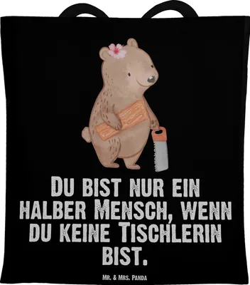 Produktbild von Mr. & Mrs. Panda Tote Bag Tischlerin Herz - Schwarz - Geschenk, Tasche, Schultasche, Jutetasche, Laptoptasche, Jutebeutel