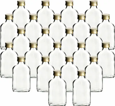 Immagine prodotto di set di 24 bottiglie in vetro 100 ml con tappo a vite color oro - Bottiglia piccola da 0,1 l per il riempimento - Bottiglie vuote per liquore, whisky, gin, brandy, cognac