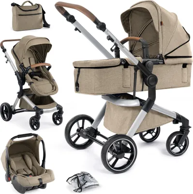 Produktbild von Bergsteiger Lugo Kinderwagen, Farbe: brown / Gestell: silver, Kombikinderwagen Komplettset inkl. Zubehör - Babyschale, Buggy-Aufsatz, Sonnenschutz & Wetterfußsack | Isofix Station erhältlich