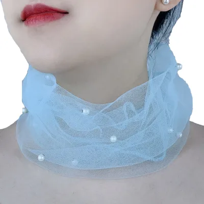 Produktbild von Einfarbiger Halskragen mit Kunstperlendekor, elastischer Organza-Spitzenschal, eleganter multifunktionaler elastischer Halswickel