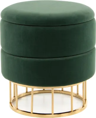 A green ottoman with a gold base is shown against a white background.