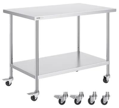 Produktbild von VEVOR Edelstahl Vorbereitungs Tisch, 24 x 24 x 34 Zoll, Schwerlast Metall Arbeitstisch mit 3 verstellbaren Höhenstufen, Gewerbliche Arbeitsstation für Küche Garage Restaurant Garten, 762x1219 mm