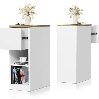 Image de Ensemble de tables d'appoint : 2 tables de chevet avec tiroir et étagères, blanches, dimensions 45x25x70 cm