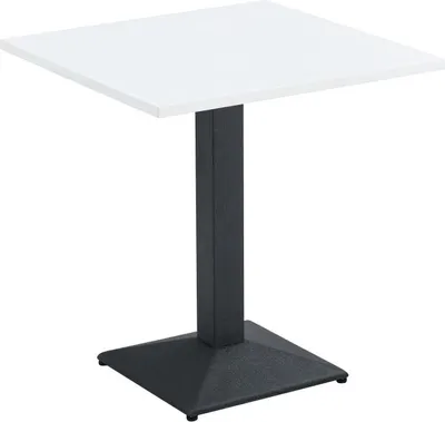 A square white table with a black pedestal base and column, isolated on a white background.