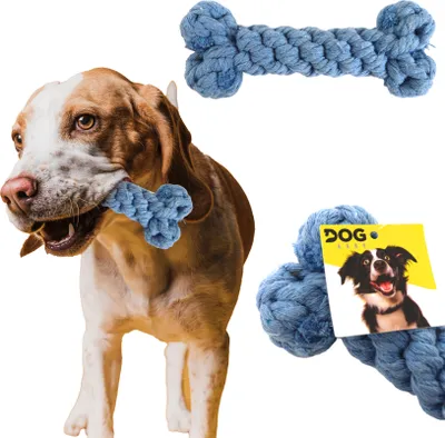 Produktbild von Domarex Robuste Hundespielzeug Knotenknochen – Kaubare und strapazierfähige Seilspielzeug für Hunde, 15 cm - Blau