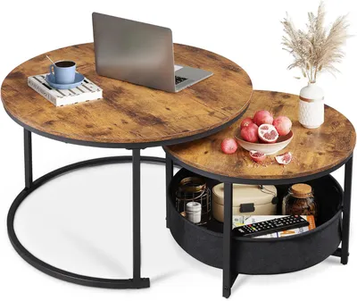 Obrázek produktu pro Sada dvou konferenčních stolků, kulaté stolky o průměru 80 cm a 60 cm, s úložným prostorem a kovovou konstrukcí, vhodné do obývacího pokoje, rustikální hnědá barva
