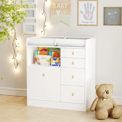 Produktbild von Wickelkommode mit Wickelaufsatz,Wickeltisch,Kommode mit 5 Schubladen,mit Kippschutz,Wickelkommode,Wickeltisch mit 5 Schubladen,weiß,116cm*46cm*96cm
