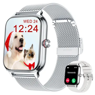 Produktbild von Blutdruck Smartwatch Damen Telefonfunktion 𝟏𝟎𝟎+ 𝐒𝐩𝐨𝐫𝐭𝐦𝐨𝐝𝐢 und 𝐈𝐧𝐭𝐞𝐥𝐥𝐢𝐠𝐞𝐧𝐭𝐞 𝐀𝐤𝐭𝐢𝐯𝐢𝐭ä𝐭𝐬𝐯𝐞𝐫𝐟𝐨𝐥𝐠𝐮𝐧𝐠 2 Armbänder Silber + Weiß