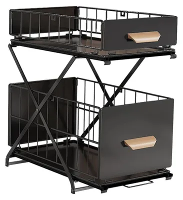 Image de Rangement sous évier - Étagère coulissante à 2 niveaux - Acier - Panier coulissant - Pour la cuisine et la salle de bains - Noir