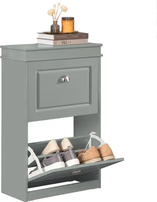 A gray shoe cabinet with a drawer and two flip-out shoe compartments.