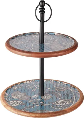 Image de H&S Decoration | Etagère - Rond 30 x 30 x 43 cm - Motif floral - Plateau de service - 2 niveaux - Bois de manguier100%