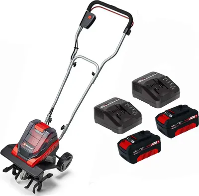A cordless tiller and its accessories are displayed against a white background.