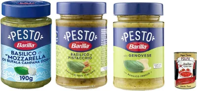 Produktbild von Barilla Pesto Testpaket, Basilico, Pistacchio e Basilico e Mozzarella di Bufala Campana DOP, Gewürz und Sauce für Pasta, 3x 190g + Italian Gourmet polpa 400g
