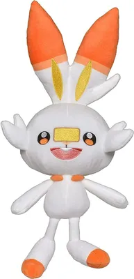 A plush toy of the Pokemon character Scorbunny is shown standing against a white background.