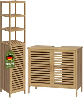 Image de Ensemble de meubles de salle de bain Newa – Meuble sous vasque avec 2 compartiments et meuble haut avec 5 compartiments – Meubles de salle de bain en bambou laqué – Meuble sous vasque imitation bois – Étagère en bambou/étagère de salle de bain haute