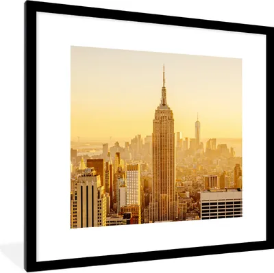 Produktbild von MuchoWow® Gerahmtes Poster Goldener Sonnenuntergang am Empire State Building in New York 40x40 cm - Poster mit Schwarzem Bilderrahmen Wandposter Rahmen Foto Bilder - Poster - Plakat im Rahmen