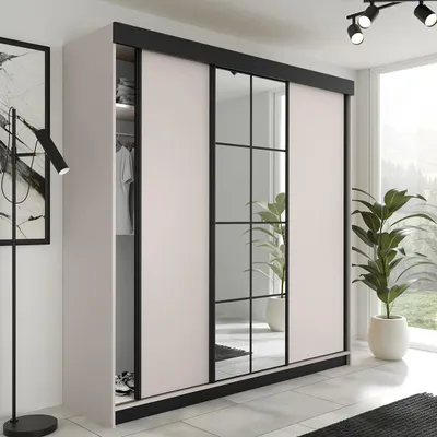 Produktbild von FurMeb24 3-türiger Schiebetürenschrank LAMER 200x205 cm Kleiderschrank mit Spiegel (Kaschmir)