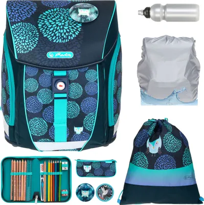 Produktbild von Schulranzenset für Mädchen Herlitz Filo Light Plus 8 Teile Ranzen Mega Set Schultasche Mappe für die Grundschule 1. - 4- Klasse mit Regenhülle Trinkflasche 50037889 Flower Owl Türkis Blau +rf