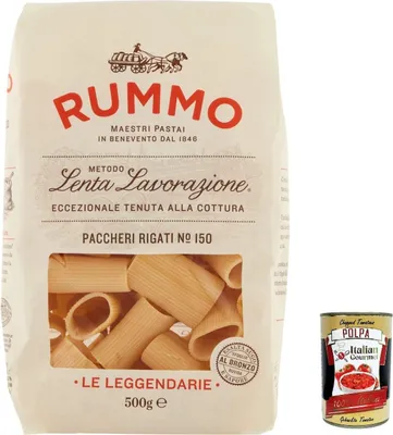 Produktbild von 12x Rummo Paccheri Rigati N. 150 Pasta Lenta Lavorazione Teigwaren aus Hartweizengrieß Bronze-Zeichnung 500g + Italian Gourmet Polpa 400g