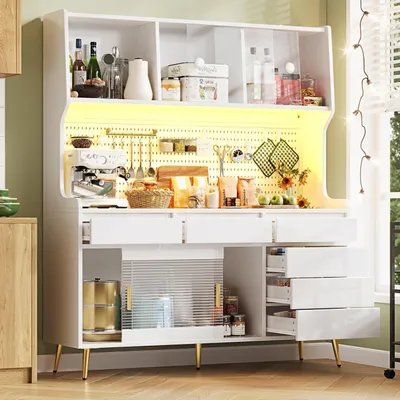 Immagine prodotto di Armadio alto da cucina con illuminazione a LED e piano di lavoro, dimensioni 145x39x171 cm, colore bianco