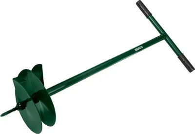 A green hand auger with a T-handle is shown against a white background.