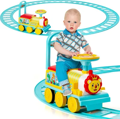 Produktbild von COSTWAY Kinder Aufsitz Lokomotive mit Bahn, 6V Elektro Kinderauto mit einziehbaren Fußpedalen, Musik, Lichter & Box unter dem Sitz, für Kleinkinder ab 3 Jahren (Blau)