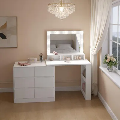 Immagine prodotto di Tavolo multifunzione 2 in 1 con 6 ampi cassetti, design a forma di L. Può essere utilizzato come comò, scrivania o tavolo da trucco con illuminazione LED regolabile (solo per la versione da tavolo da trucco)